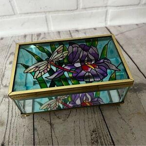 Trinket Box Jewelry Stained Glass Joan Baker Designs Mirrored VTG Dragonfly Iris